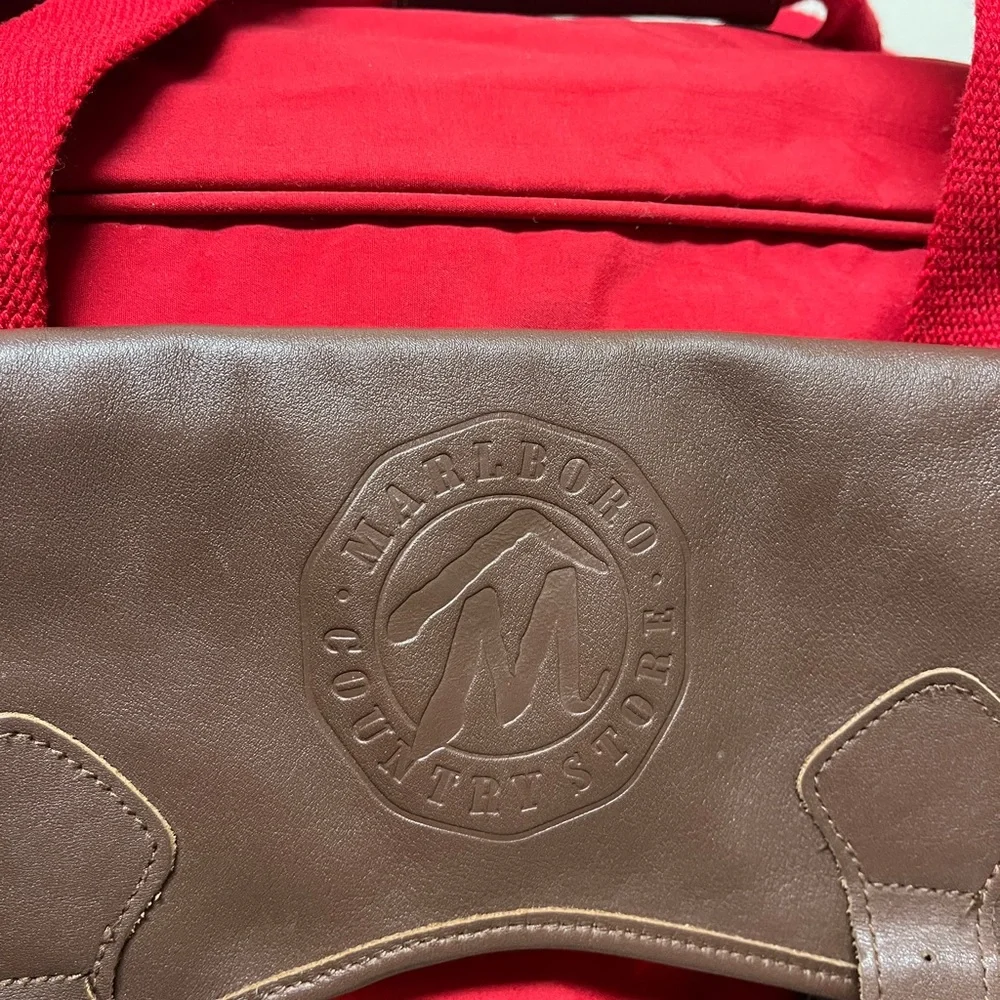 Marlboro Red & Brown Duffel Bag, GUC, clean, missing 2 buckles front flap